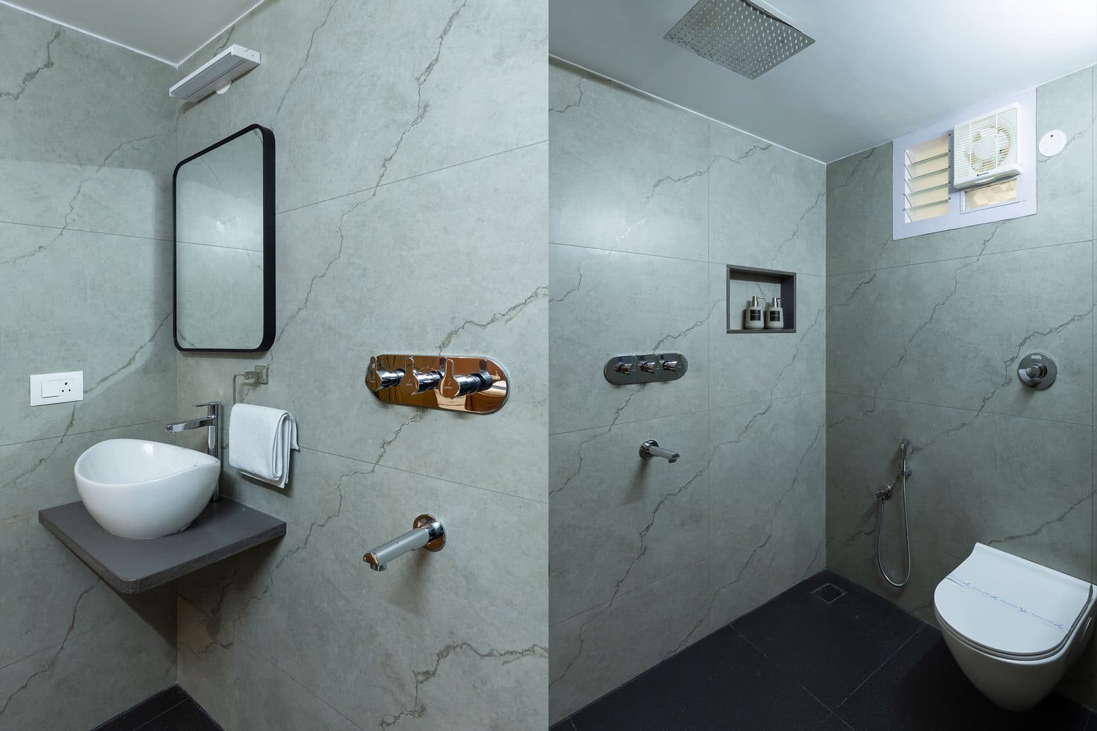 The first-floor bathroom: a basin and mirror on one side, a rain shower and toilet on the other