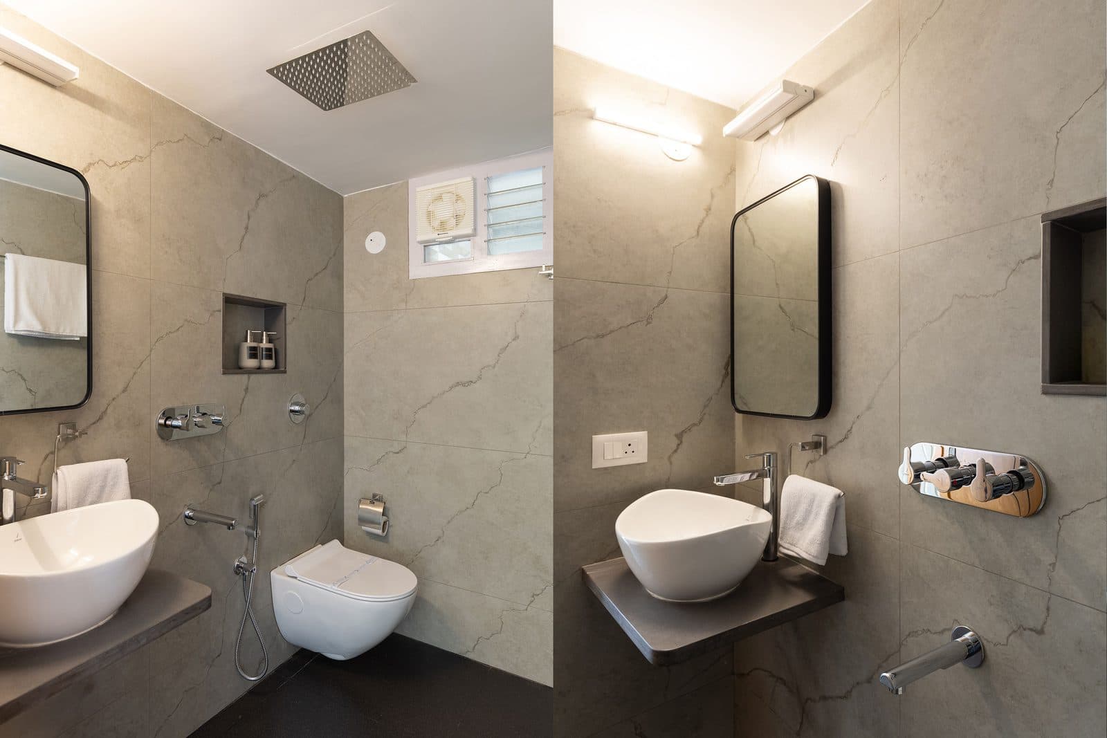 A ground-floor bathroom: a basin, mirror and towel rail, with the rain shower and toilet alongside